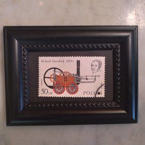 Quirky Decor -Framed Stamp Art -  Early Steam Locomotive